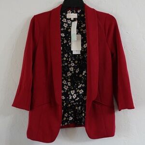 Skies Are Blue Red Open Front Blazer – Size XS, 3/4 Sleeve, Floral Lining (NWT)
